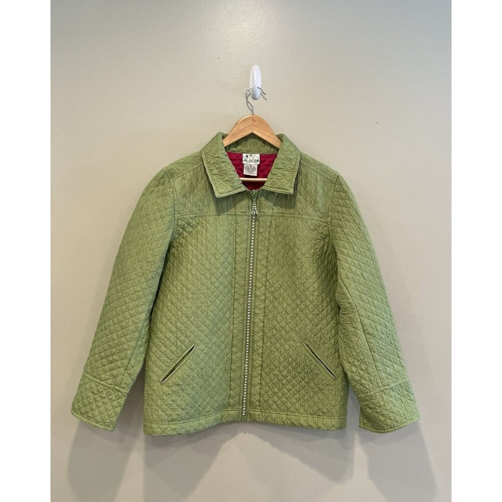 Quacker Factory Jacket Womens Medium Silk Rhinestone Zipper Quilted Lightweight